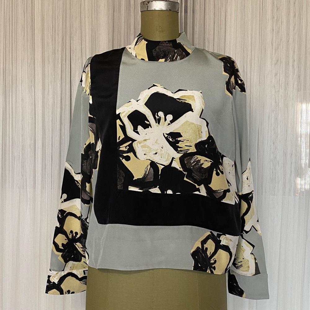 By Malene Birger Black and Cream Floral Boxy Crop 100% Washable Silk Blouse 38